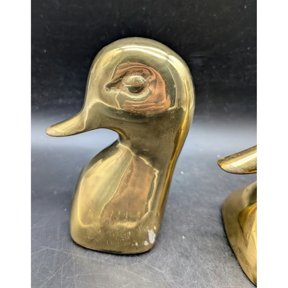 Vintage Solid Brass Duck Head Bookends Set Polished Gold Tone Mid Century Decor